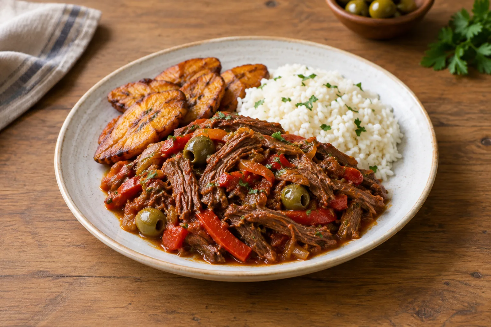 Shredded beef in a red pepper and tomato sauce with green olives