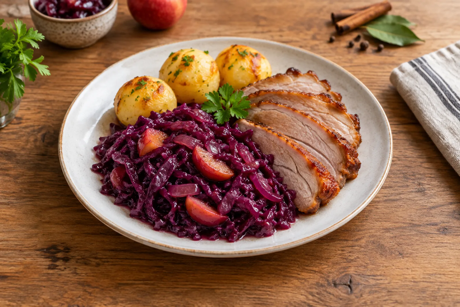 Glossy braised red cabbage with apple wedges on a plate beside sliced roast meat and potato dumplings