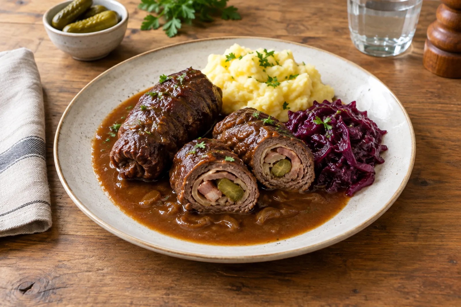 Two sliced beef rolls showing spirals of bacon and gherkin inside, in a dark gravy