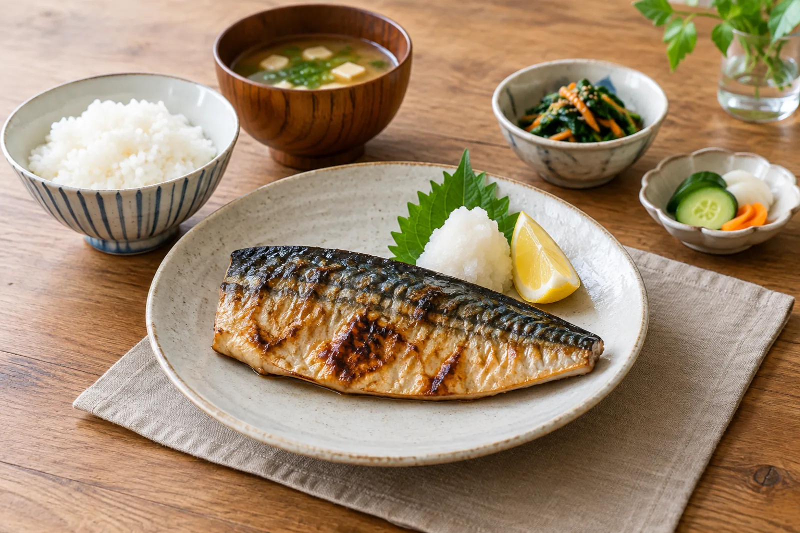 Two grilled mackerel fillets with blistered skin beside grated daikon and lemon wedges