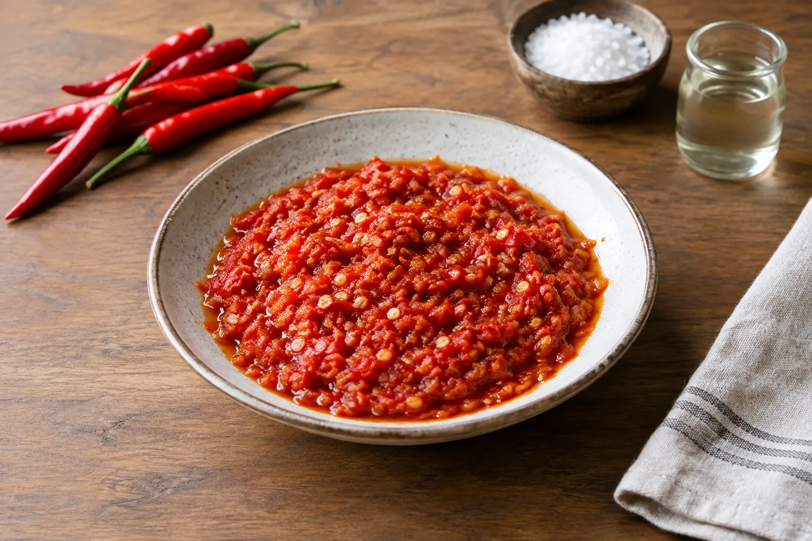 A small bowl of coarse red chilli sambal beside a mortar and fresh red chillies