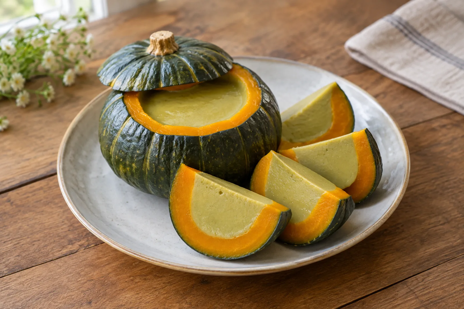 Wedges of steamed kabocha pumpkin with dark green skin and orange flesh, each holding a firm layer of caramel-coloured custard, on a plate.