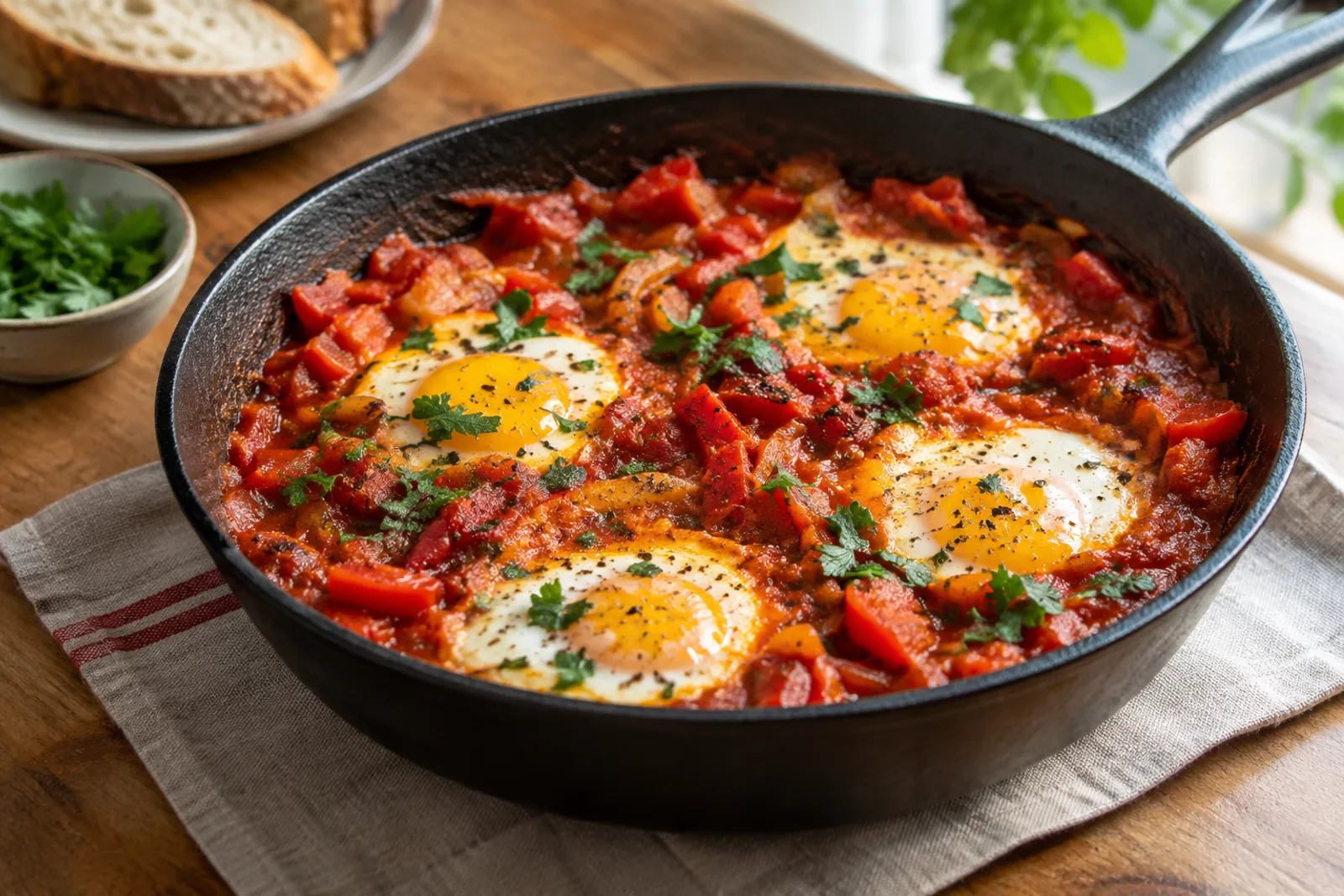 Shakshuka in a cast-iron pan: eggs poached in tomato sauce with peppers and herbs