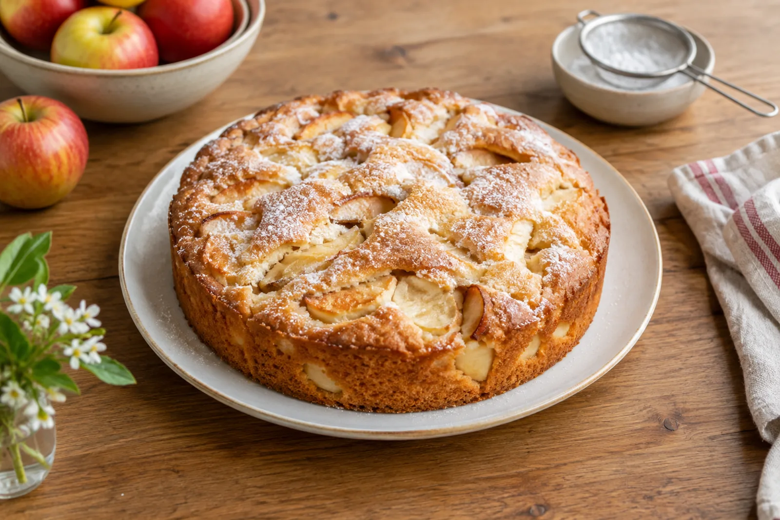 A round golden apple sponge cake with a crackly top dusted with icing sugar, on a cake plate, one slice cut away to show chunks of apple.