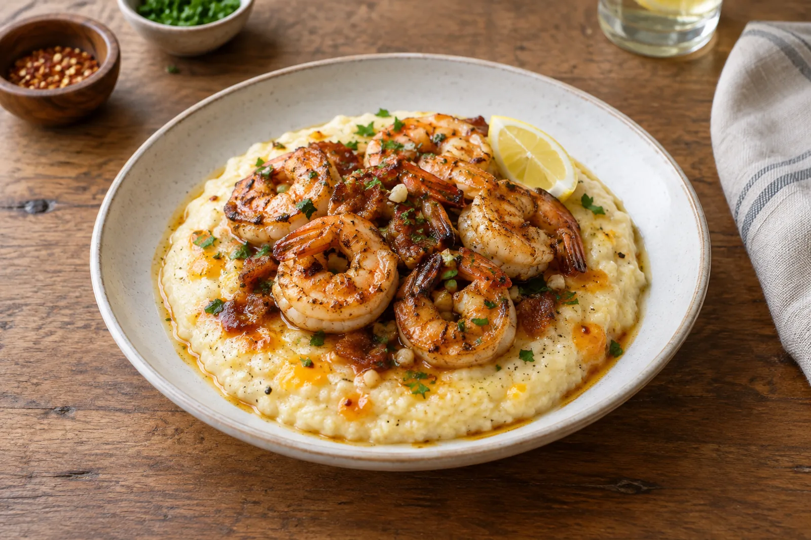 A bowl of creamy yellow grits topped with seared prawns, bacon and spring onions
