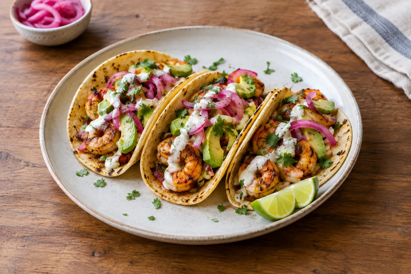 Corn tortillas topped with charred prawns, avocado, pink pickled onions and a drizzle of crema