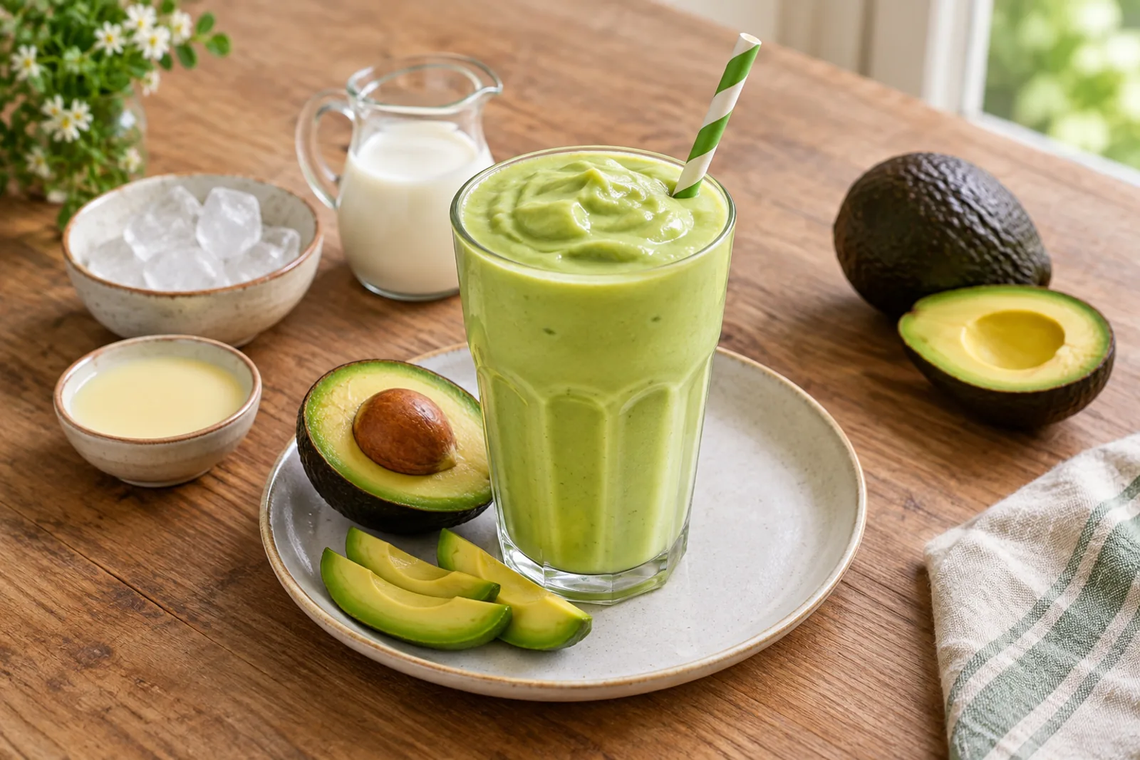Two tall glasses of thick pale green avocado smoothie with a drizzle of condensed milk