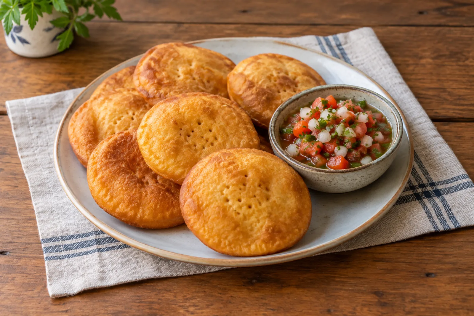 Round golden fried dough discs on a plate beside a small bowl of pebre