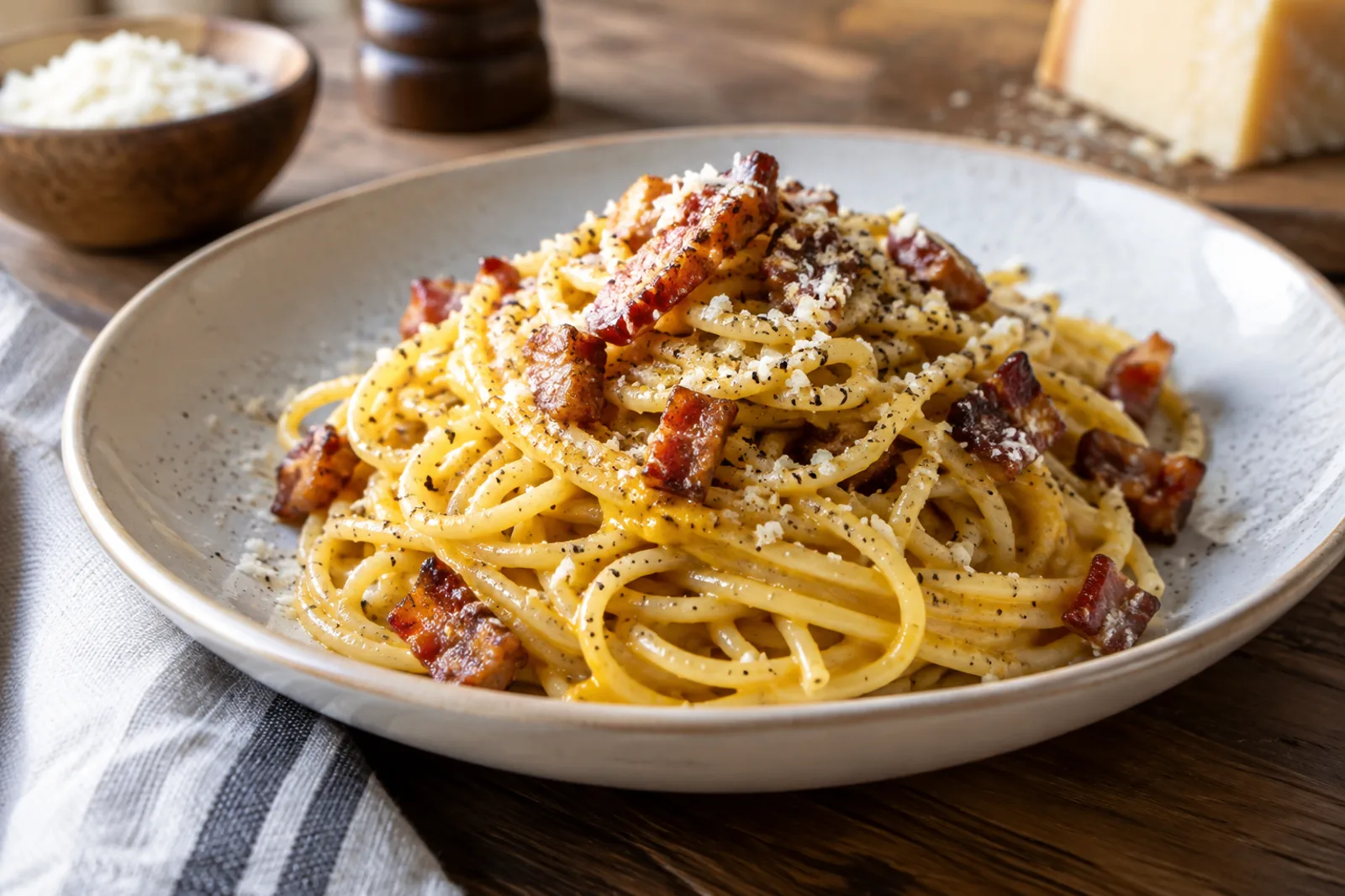 A plate of spaghetti carbonara with crisp guanciale and grated pecorino
