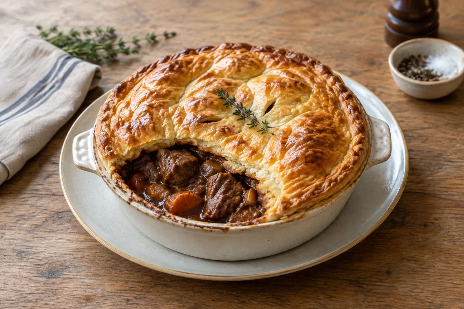 A steak and ale pie with a risen golden puff pastry lid, opened to show dark beef and gravy underneath.