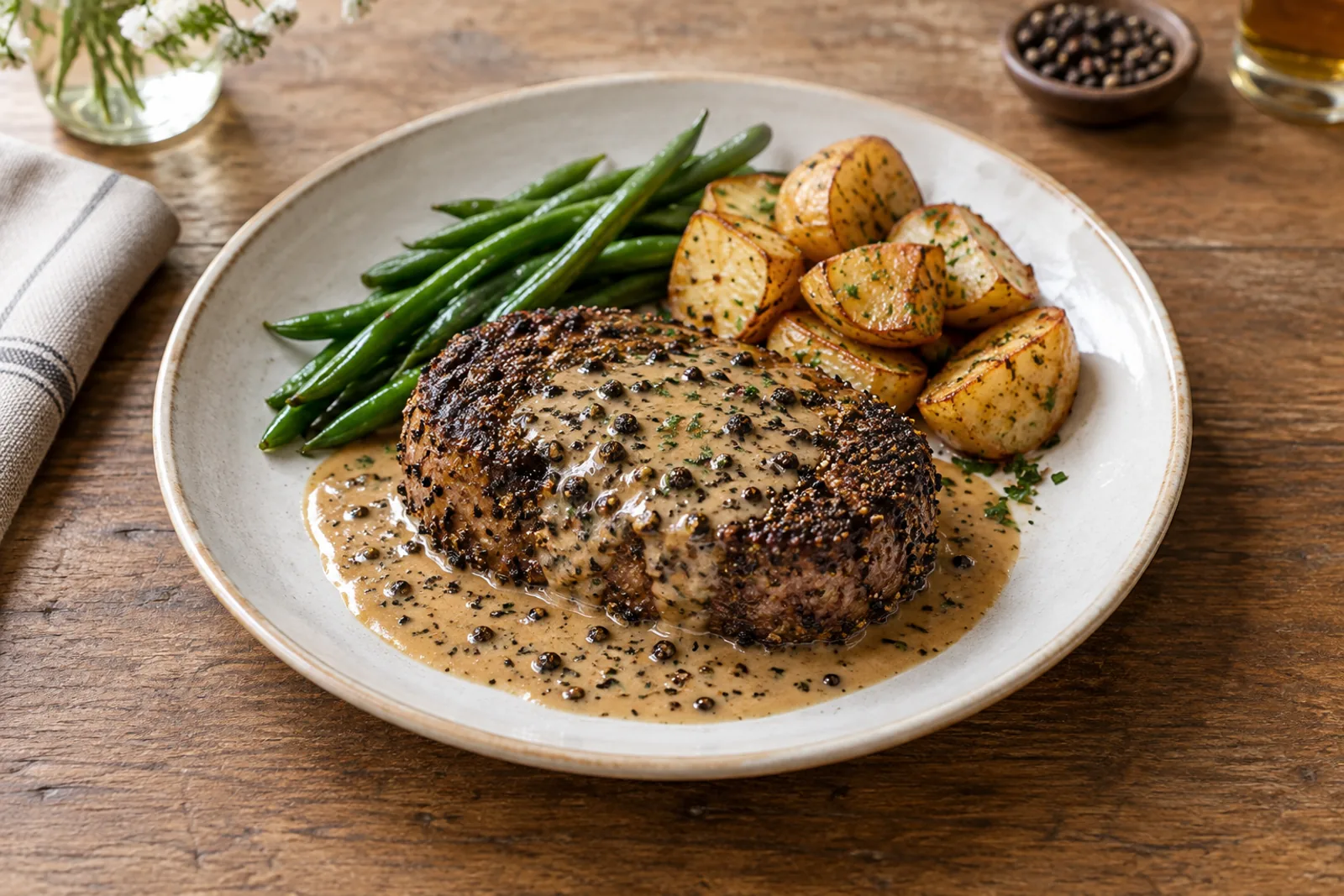 A peppercorn-crusted steak sliced open, in a pool of pale cream and brandy pan sauce