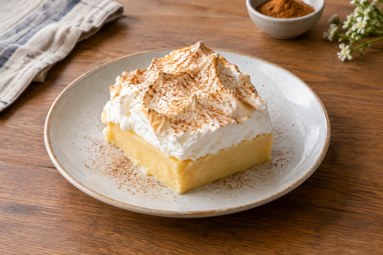 Glasses of golden manjar blanco topped with a swirl of pale pink meringue and cinnamon
