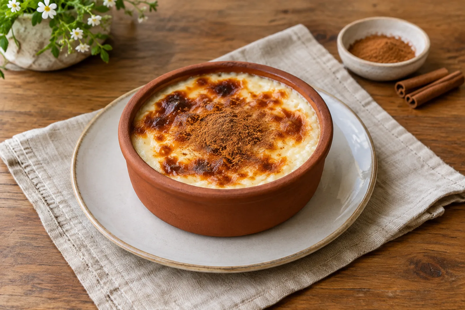 A small clay bowl of rice pudding with a browned, blistered top and a dusting of cinnamon.