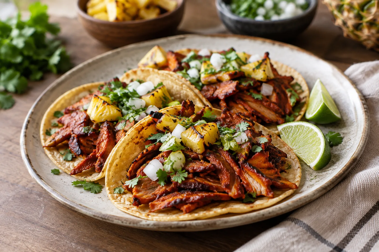 Three corn tortillas filled with red-marinated pork, pineapple, chopped onion and coriander