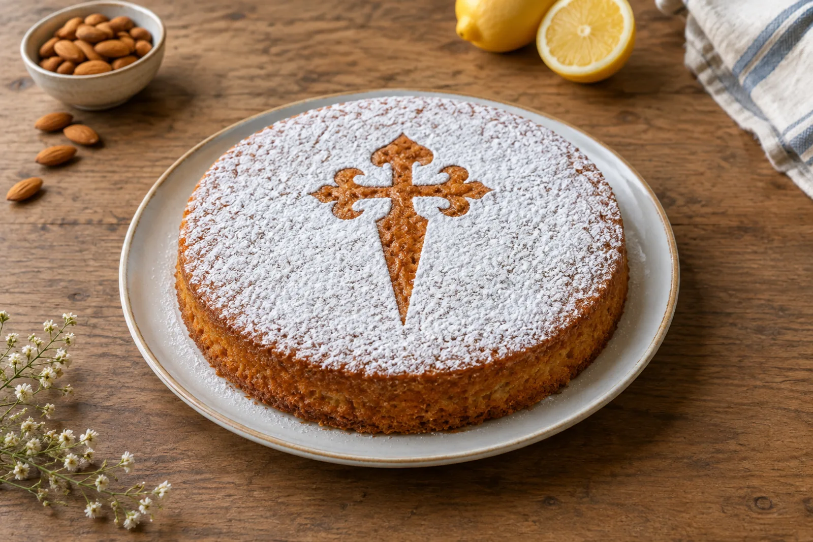 A round almond cake dusted with icing sugar, showing the silhouette of the cross of Saint James
