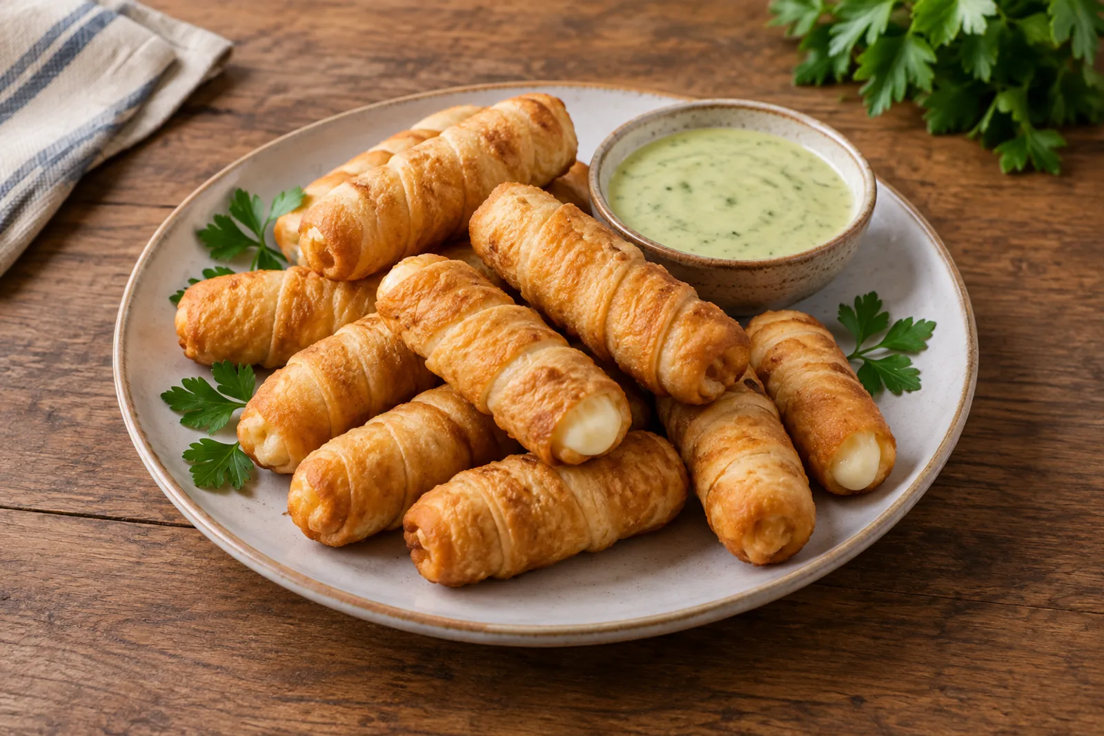 Golden fried pastry sticks, one broken to show soft white cheese inside