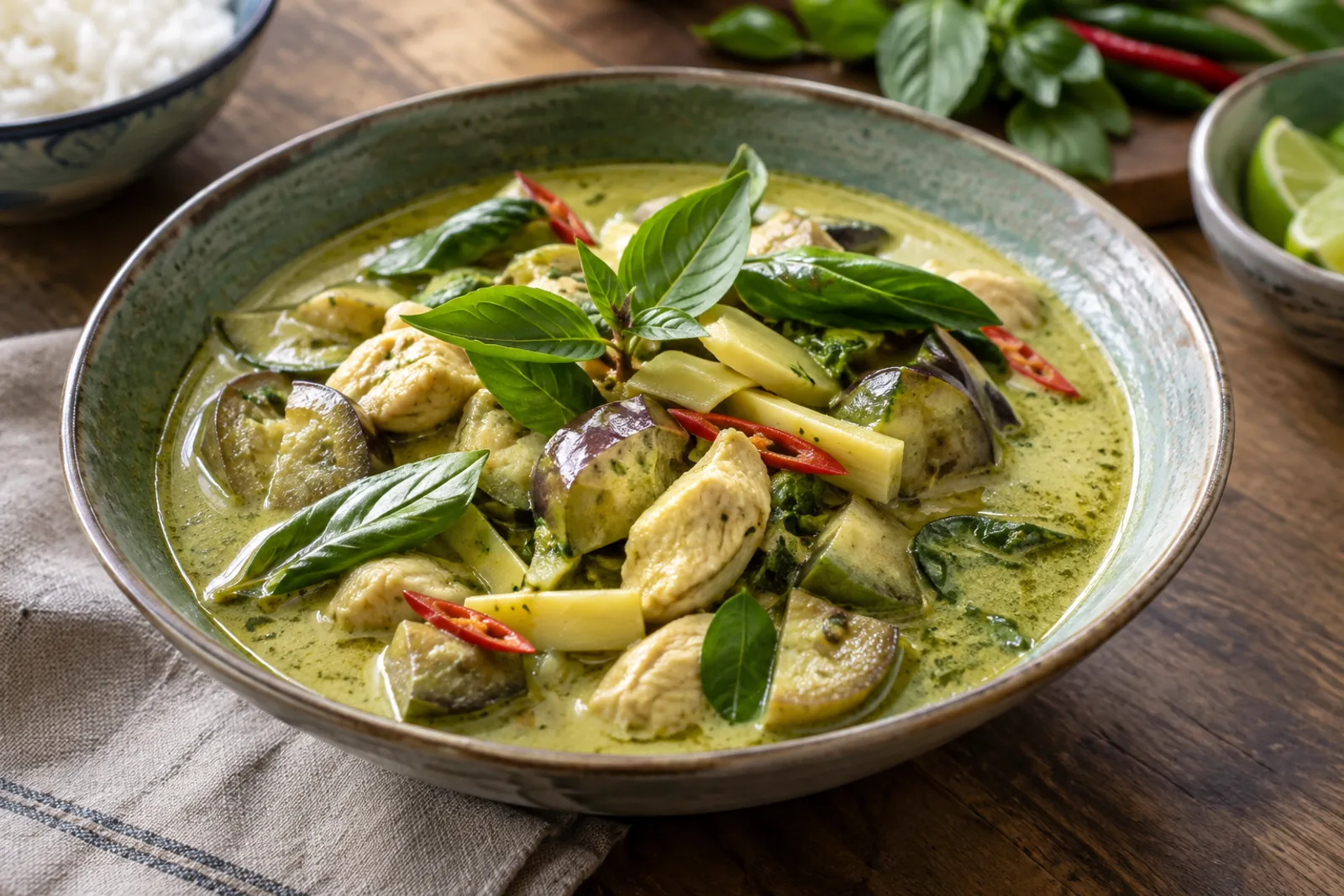 A bowl of Thai green curry with chicken, aubergine and Thai basil, next to steamed jasmine rice