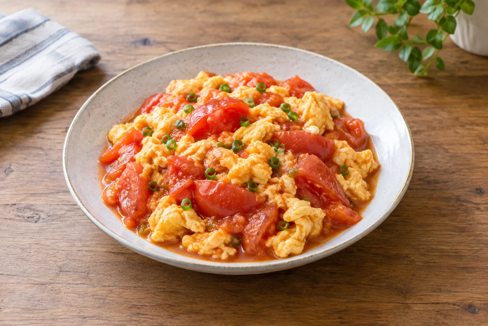 Weiches Rührei und Tomatenspalten in glänzender roter Sauce auf Reis