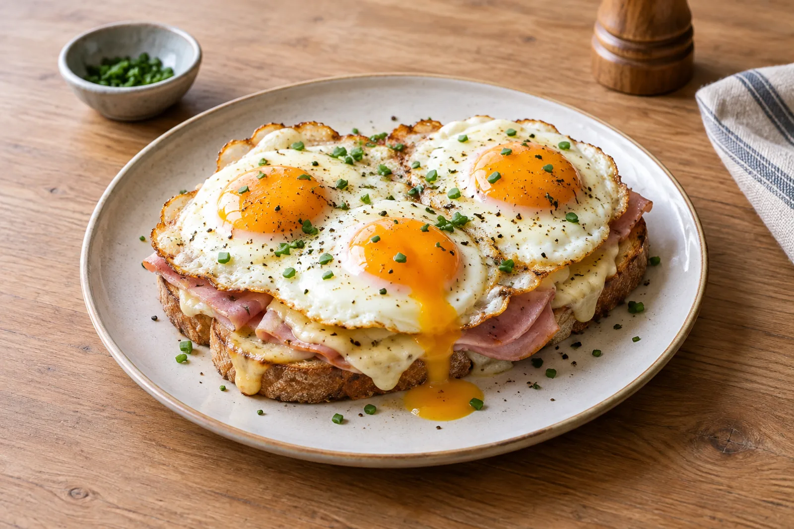 Rebanadas de pan cubiertas de jamón, queso y tres huevos fritos con la yema hacia arriba