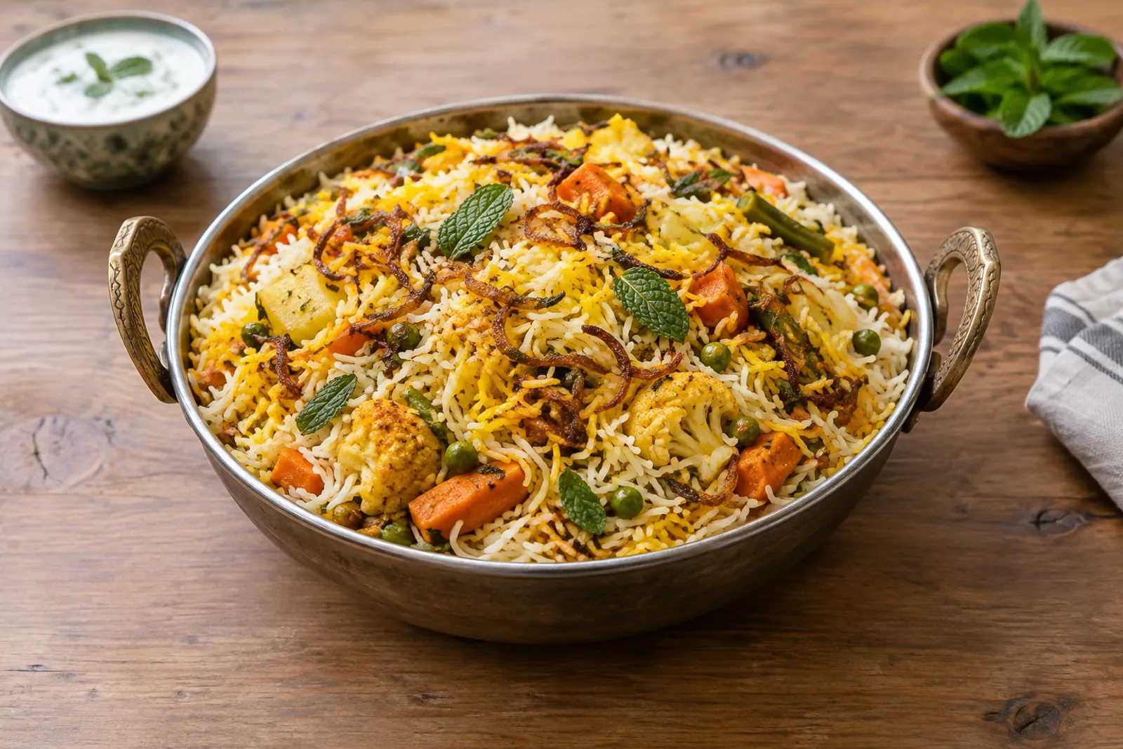 En gryde biryani i lag med safranfarvet ris, grøntsager, stegte løg og mynte