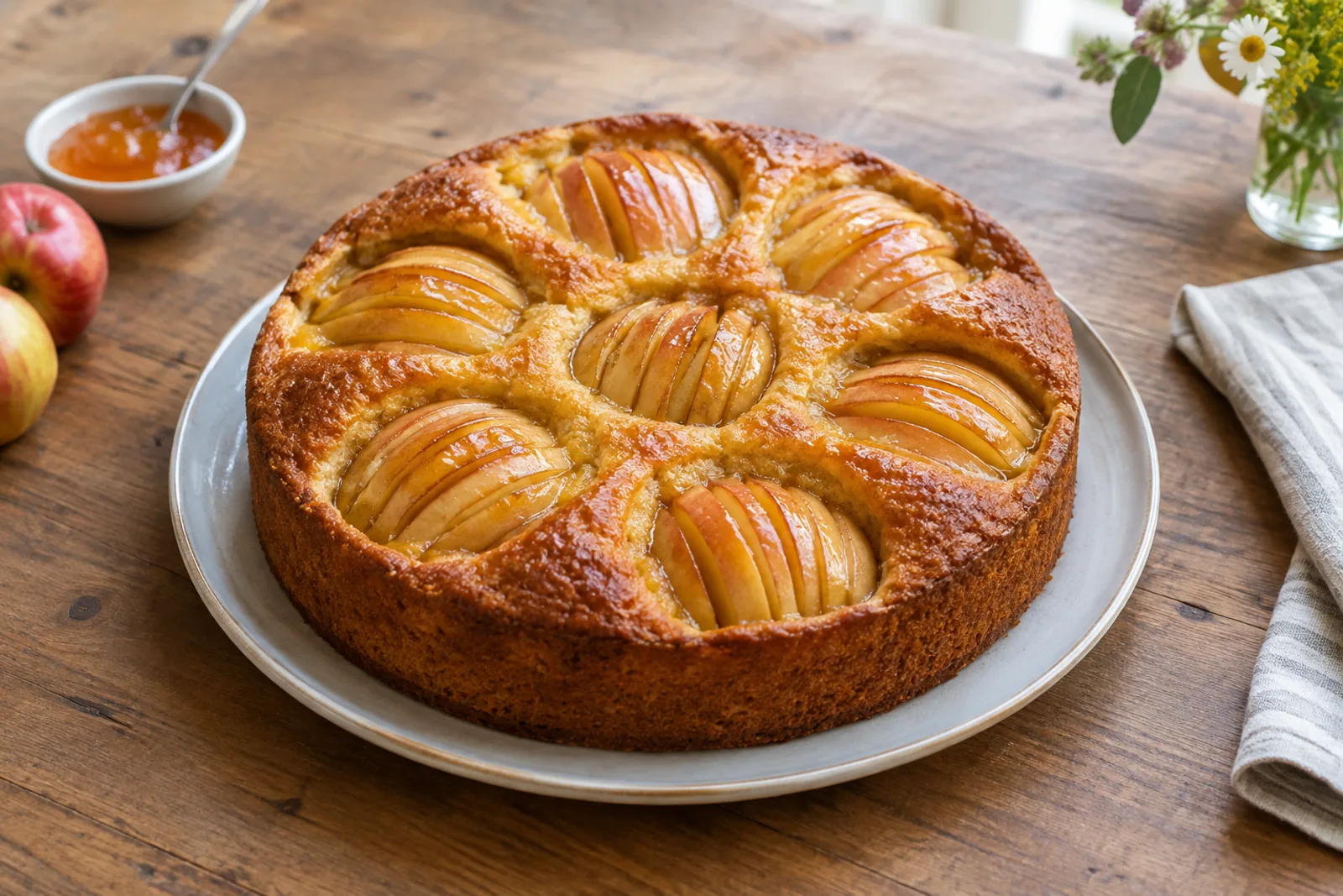 A round golden apple cake on a cake plate, with glossy fanned apple quarters sunk into the top, a light dusting of icing sugar and one slice cut out to show the soft crumb.