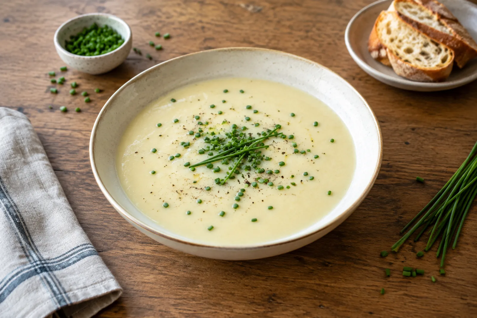 En skål bleg, glat kold suppe med en stribe fløde og klippet purløg
