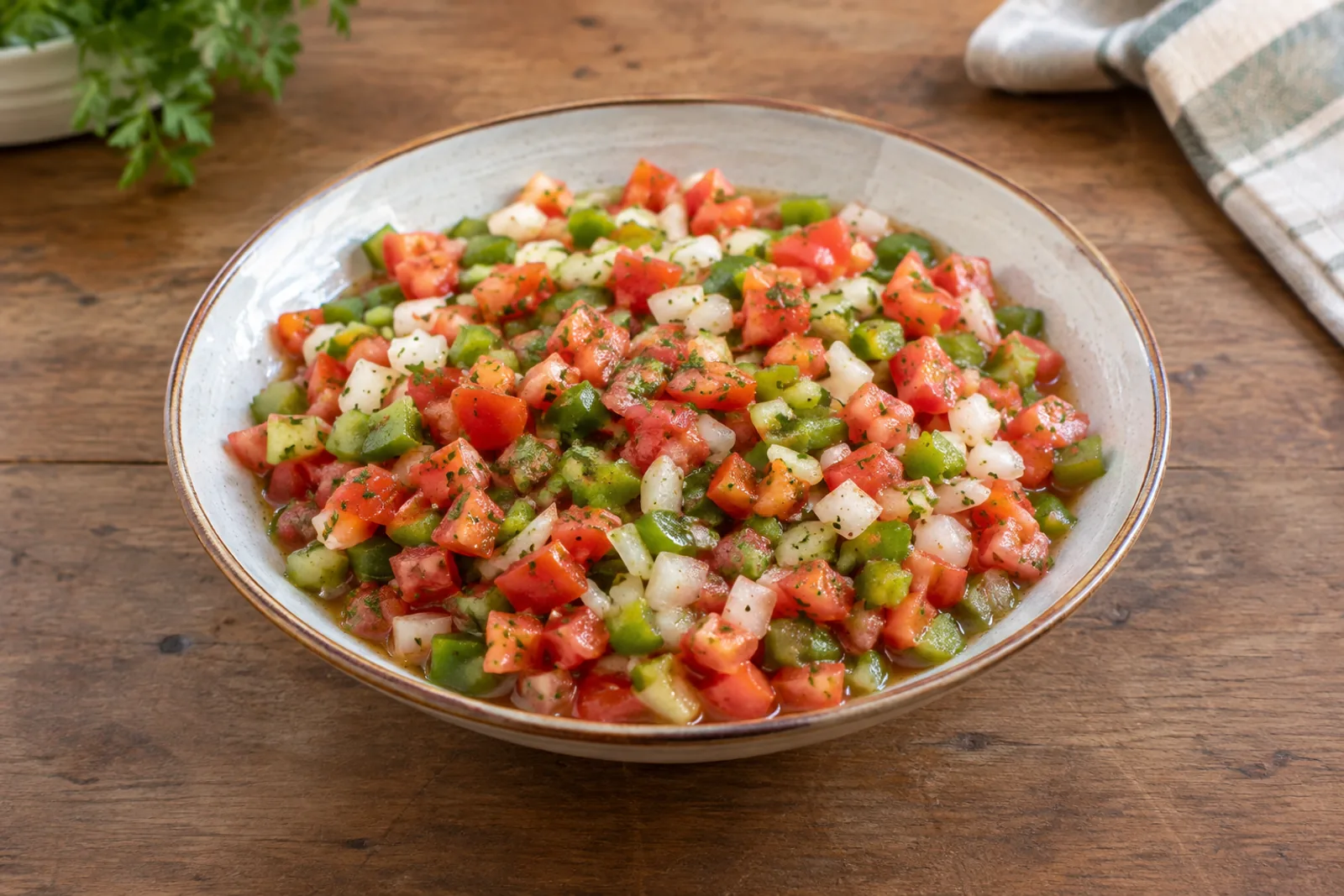 Eine Schale brasilianische Vinagrete mit fein gewürfelten Tomaten, Zwiebeln, Paprika und Petersilie