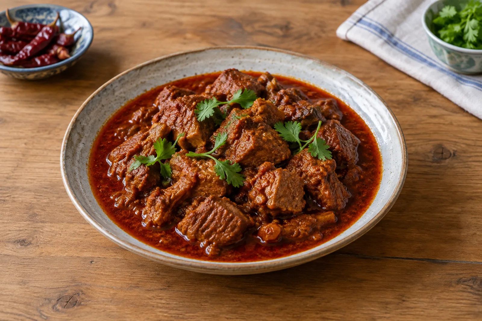 En mørkerød vindaloo med svinekød fra Goa i en skål med et drys koriander