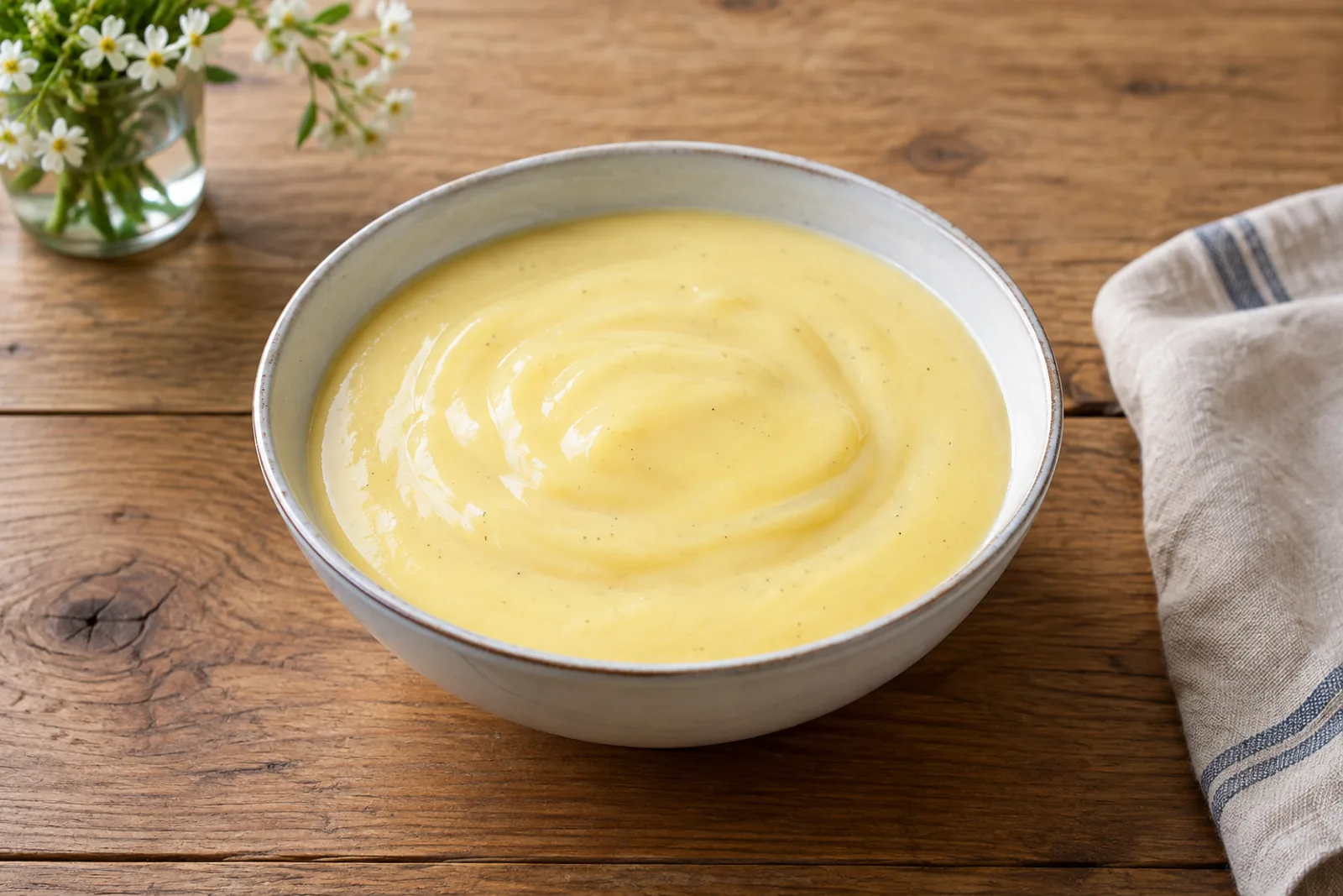 Un bol en verre de crème à la vanille jaune pâle et fluide, avec une cuillère