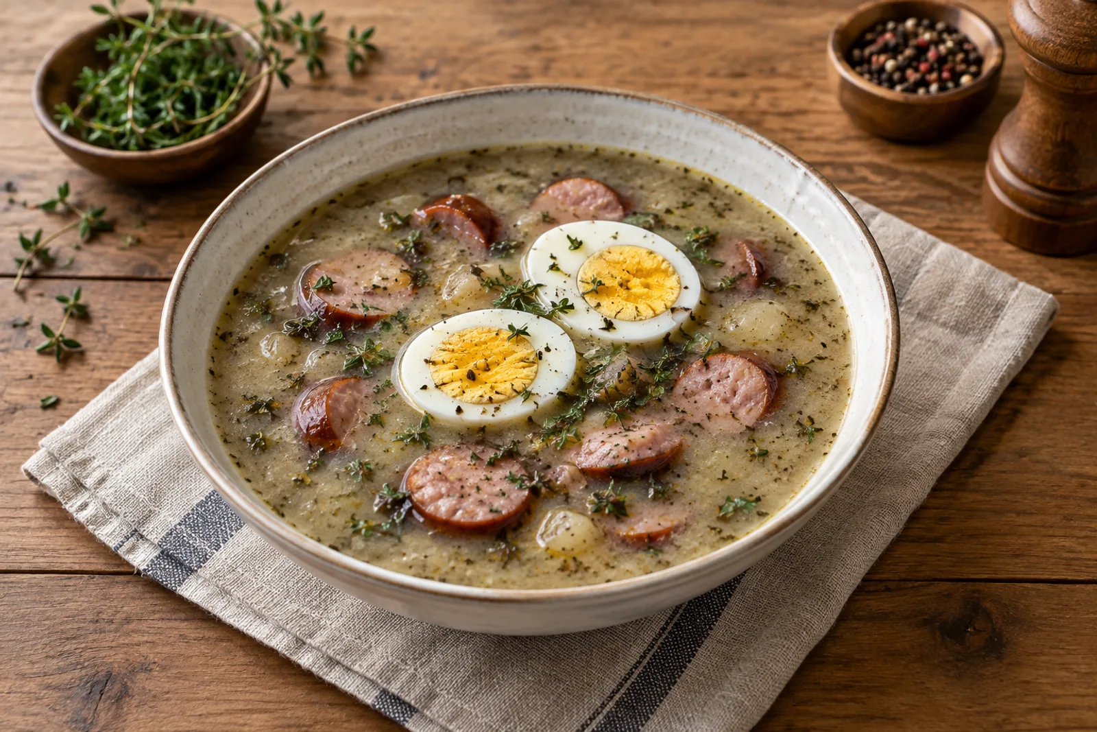Un cuenco de sopa agria de centeno, blanca y cremosa, con salchicha, mitades de huevo cocido y mejorana